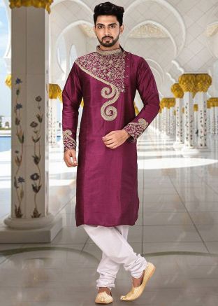 Purple Readymade Embroidered Kurta Churidar Set