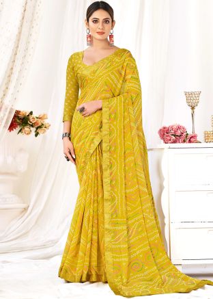 Yellow Bandhej Printed Saree & Blouse