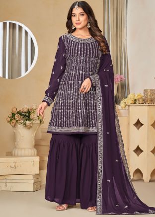 Purple Embroidered Gharara Suit Set
