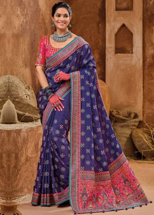 Blue Embroidered Saree In Silk