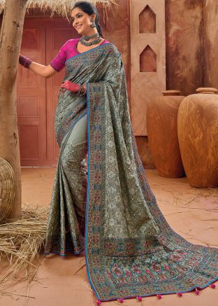 Grey Silk Saree In Thread Embroidery