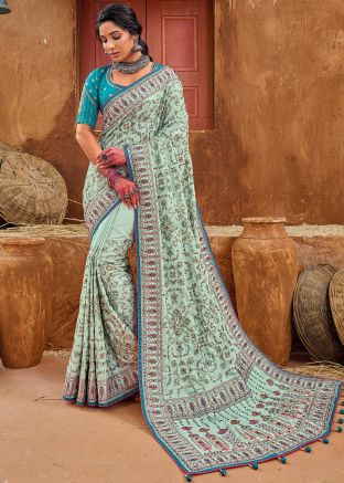 Green Embroidered Silk Saree & Blouse