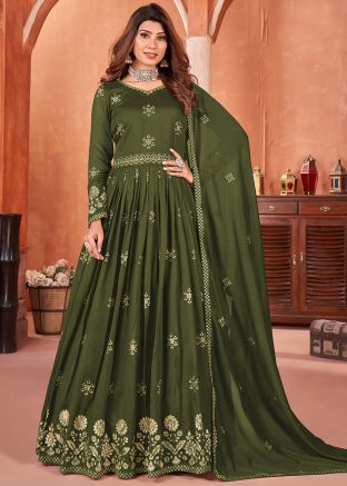 Green Embroidered Anarkali Suit In Art Silk