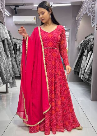 Readymade Pink Bandhej Print Anarkali Suit