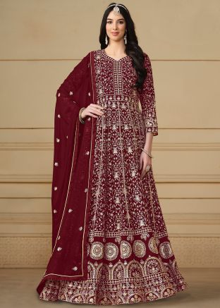 Maroon Thread Embroidered Georgette Anarkali Suit Set