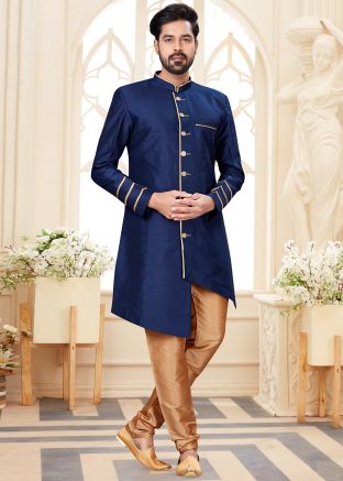 Navy Blue Art Silk Asymmetric Indowestern Sherwani