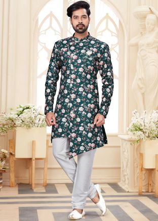 Green Floral Digital Print Asymmetric Indowestern Sherwani