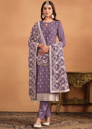 Purple Embroidered Suit In Georgette