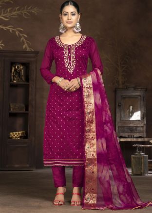 Magenta Stone Embellished Pant Suit In Art Silk