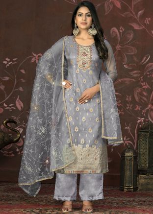 Grey Organza Pant Suit In Sequins Embellishment