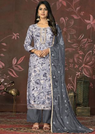 Grey Cotton Pant Suit In Digital Print