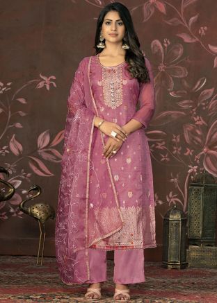 Embroidered Organza Pant Suit In Pink
