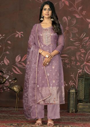 Light Purple Embroidered Organza Pant Suit