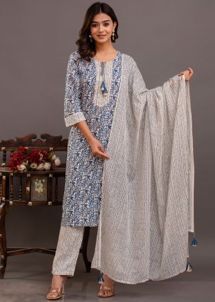 White Readymade Cotton Pant Suit In Print