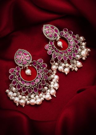 Pink Stone Studded Oxidised Chandbalis