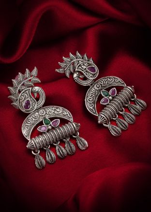 Silver Oxidised Stone Work Earrings