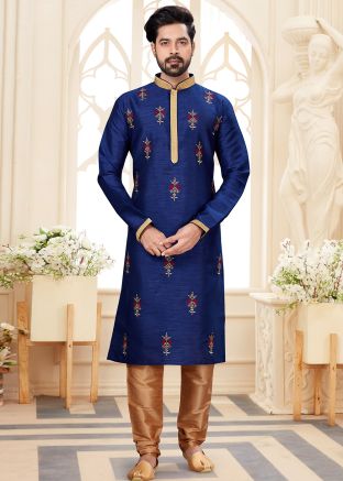 Blue Dupion Silk Embroidered Kurta Churidar Set