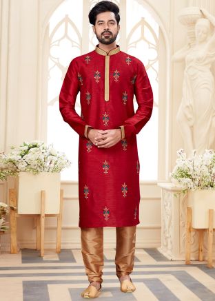 Readymade Red Embroidered Dupion Silk Kurta With Churidar