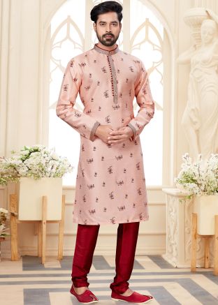 Readymade Pink Printed Dupion Silk Kurta With Churidar