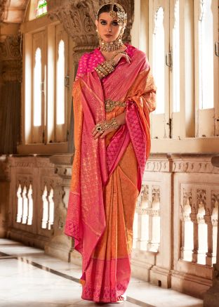 Orange Woven Work Saree In Viscose