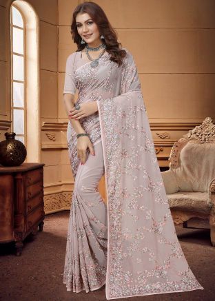 Pink Georgette Saree In Resham Embroidery