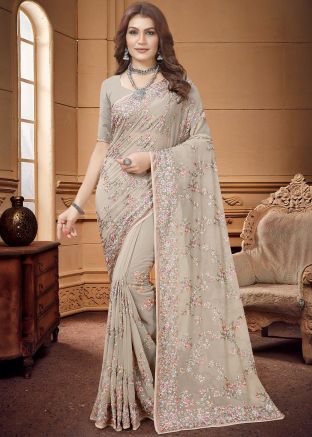 Brown Georgette Resham Embroidery Saree