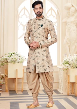 Cream Readymade Jacquard Woven Sherwani Dhoti Set