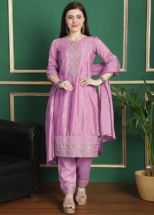 Lavender Thread Embroidered Pant Suit In Chiffon