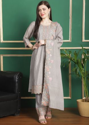 Grey Chiffon Pant Suit In Thread Embroidery