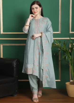 Light Blue Thread Embroidered Pant Suit Set