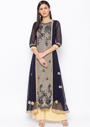 Navy Blue Asymmetric Embroidered Long Kurta