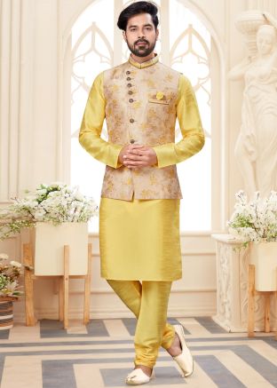Golden Jacquard Woven Nehru Jacket With Kurta Churidar
