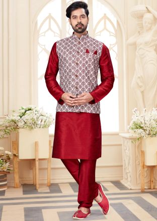 Maroon Kurta Churidar Set With Printed Nehru Jacket