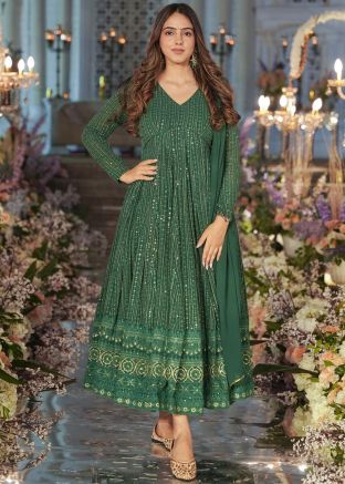 Olive Green Readymade Embroidered Georgette Anarkali Suit