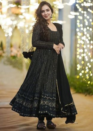 Black Readymade Embroidered Anarkali Suit In Georgette