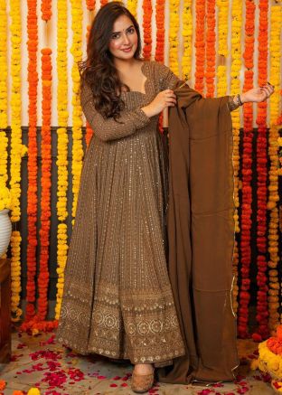 Light Brown Readymade Georgette Anarkali In Embroidery