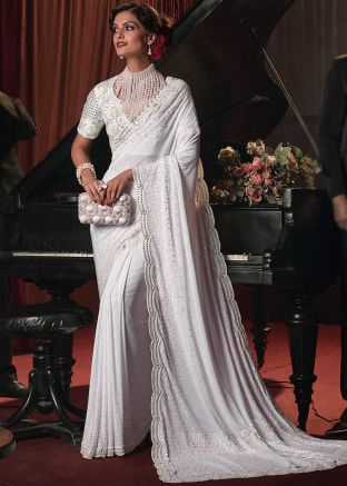 White Embellished Lycra Saree