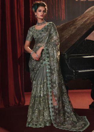 Green Net Saree With Sequins Pallu