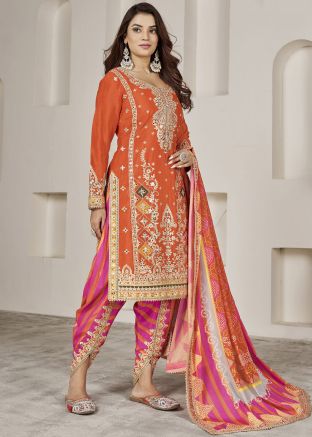Orange Embroidered Suit Set In Chiffon