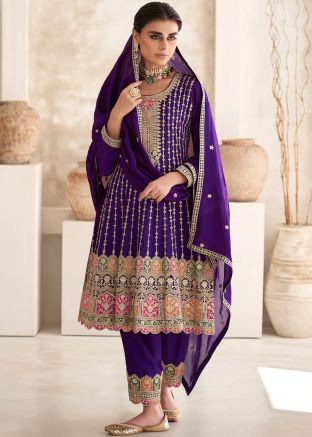 Readymade Purple Embroidered Flared Pant Suit