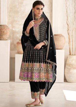 Black Embroidered Readymade Pant Suit In Chiffon