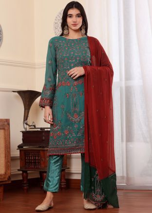 Green Embroidered Suit Set In Georgette