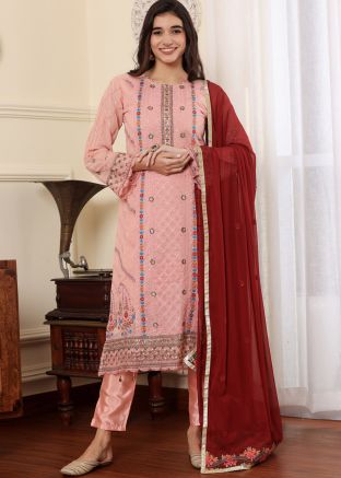 Pink Embroidered Suit Set In Georgette
