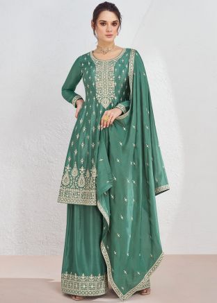 Jade Green Embroidered Readymade Chiffon Palazzo Suit In Flared Style