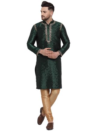 Readymade Green Woven Kurta With Churidar