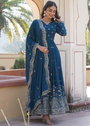 Blue Embroidered Anarkali Suit In Georgette