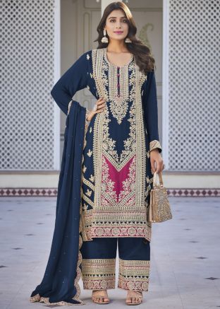 Dark Blue Embroidered Readymade Chiffon Palazzo Suit