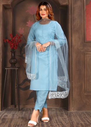 Light Blue Readymade Cotton Plain Pant Suit