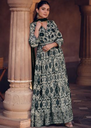 White & Black Floral Printed Readymade Anarkali Suit