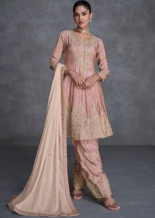 Readymade Peach Embroidered Flared Palazzo Suit Set